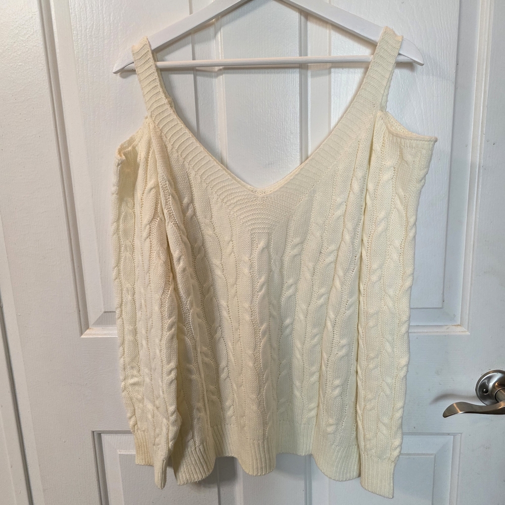 Cream Cable Knit Cold-Shoulder Sweater